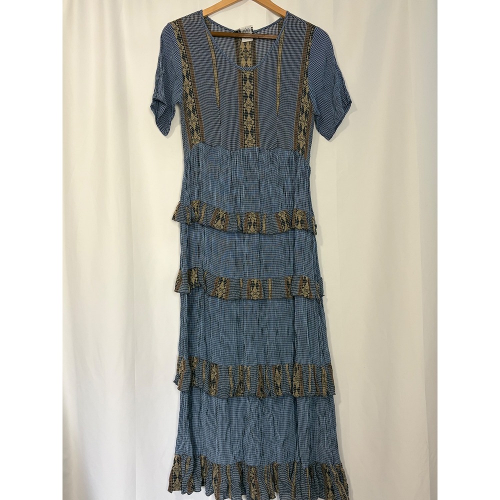 Vintage Blue Gingham Embroidered Tiered Ruffle Maxi Dress Medium Boho 90s Artsy